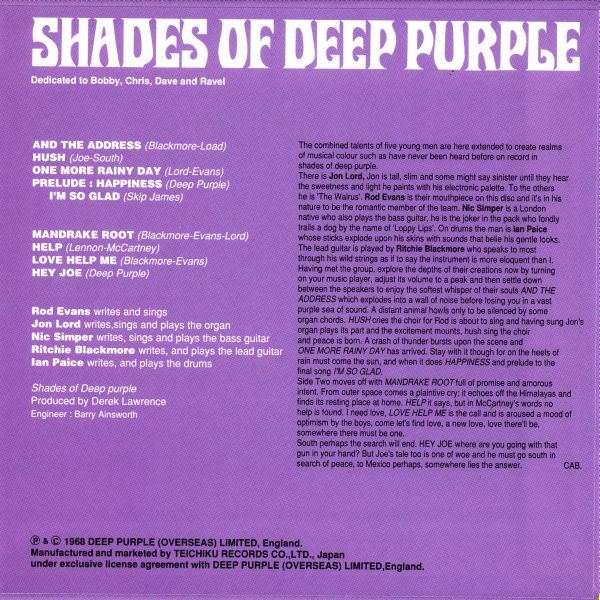 Back cover wo/Obi, Deep Purple - Shades Of Deep Purple